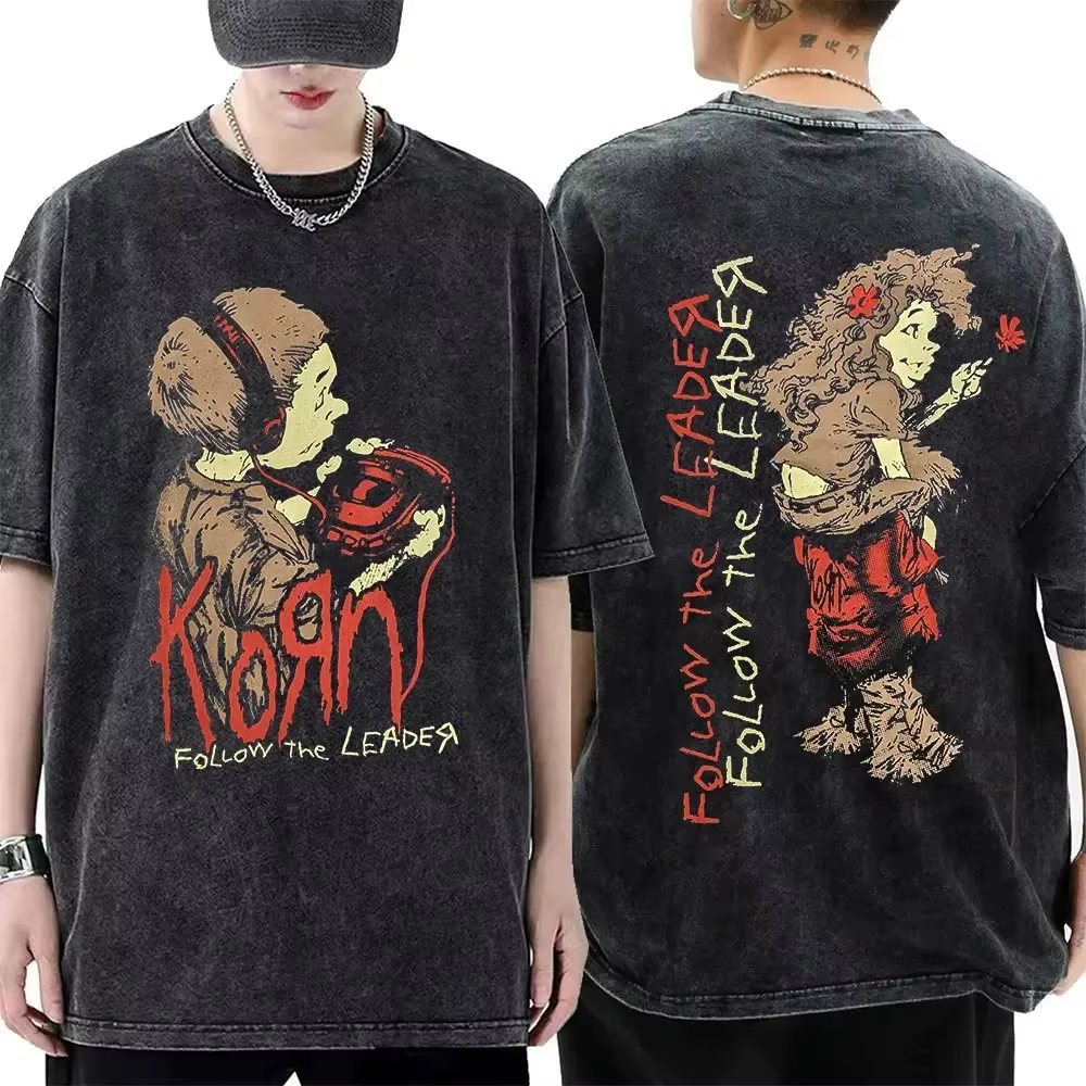 T-shirt en coton délavé vintage avec impression d'affiche classique du groupe rock Korn
