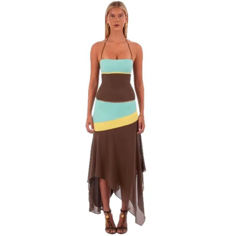 Ensemble deux pièces style bohème : Haut camisole patchwork color-block unique et jupe moulante asymétrique