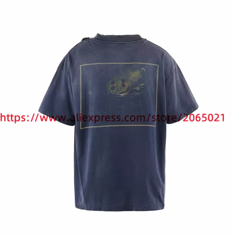 T-Shirt Bleu Délavé Vintage pour Homme et Femme, de Haute Qualité