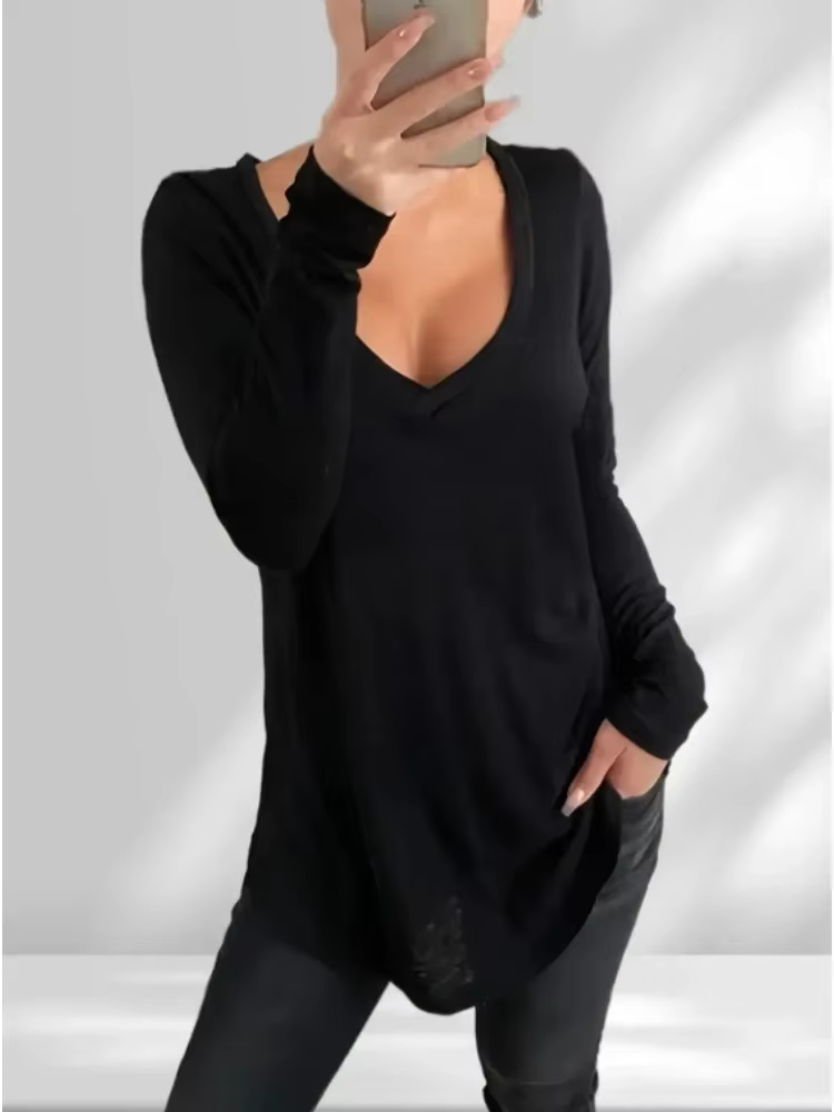 T-shirt uni à col en V pour femme