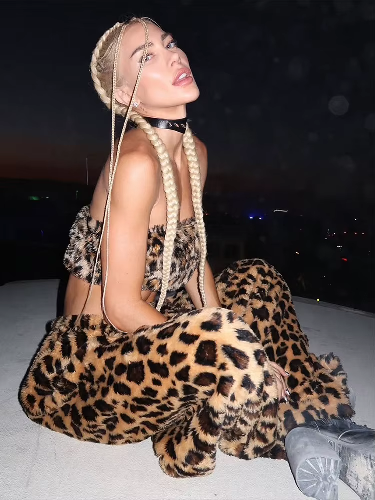 Cutenew – ensemble 2 pièces imprimé léopard en fourrure pour femmes