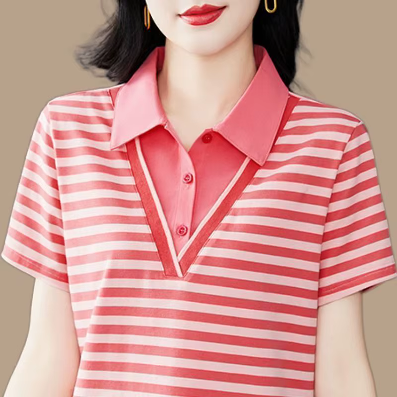 Polo rayé pour femme, haut décontracté d'été avec col contrastant et devant boutonné, pour femmes d'âge moyen