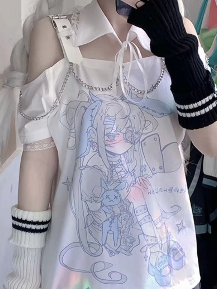 Économie College de dessins animés japonais pour femmes, T-shirt Harajuku Kawaii, Dégradé, Décontracté, Grunge, Esthétique, Off Initiated, Y-Summer, Y2k