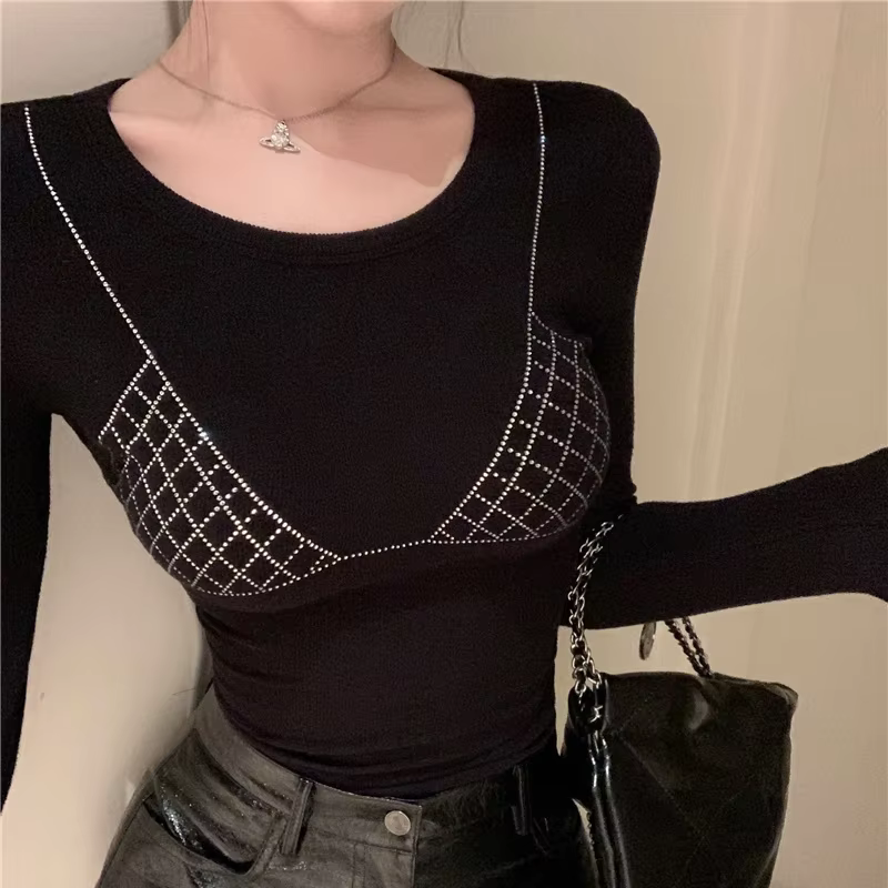 Haut orné de strass pour femme, col rond, coupe ajustée, manches longues