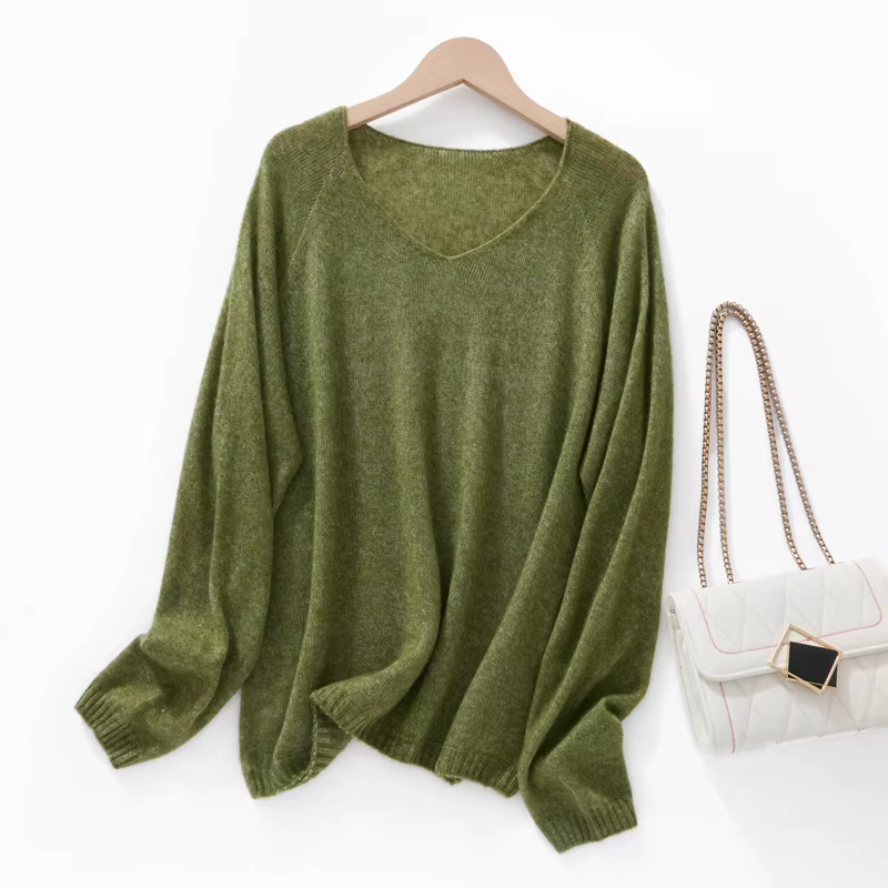 Pull-over ample en soie et cachemire à col en V pour femme