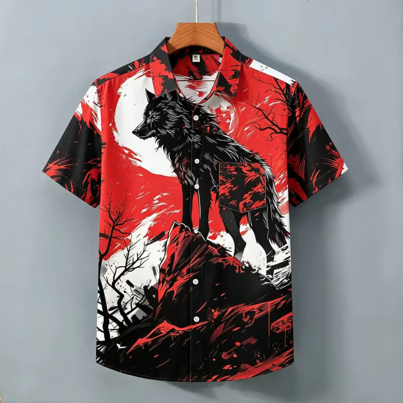 Chemise à manches courtes pour homme avec imprimé tête de loup dominant