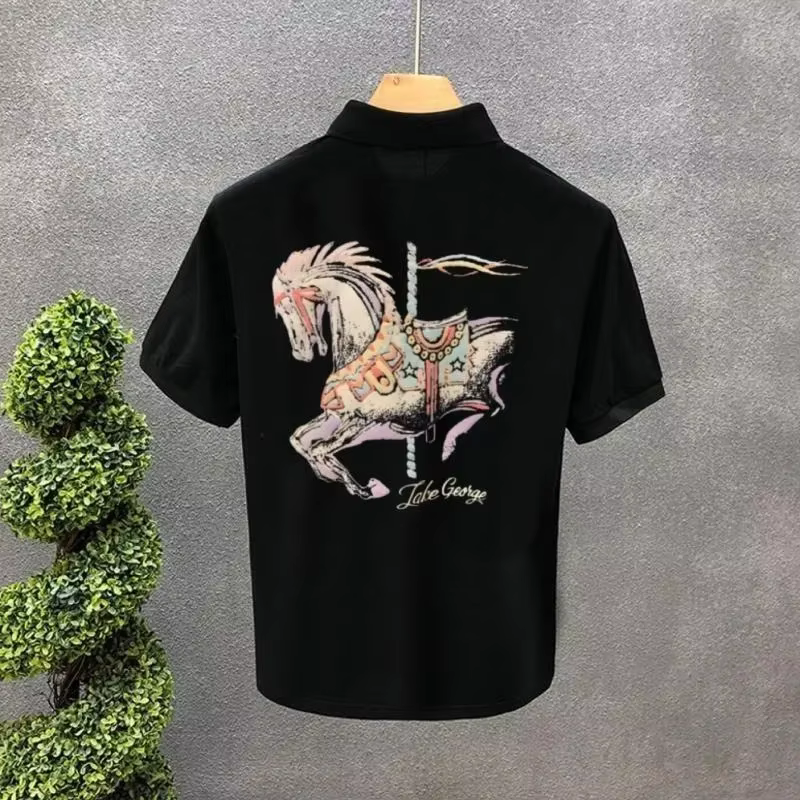 Hommes avec col T-shirt imprimé blanc col rond noir haute qualité luxe décontracté pas cher hauts Kpop vêtements en gros