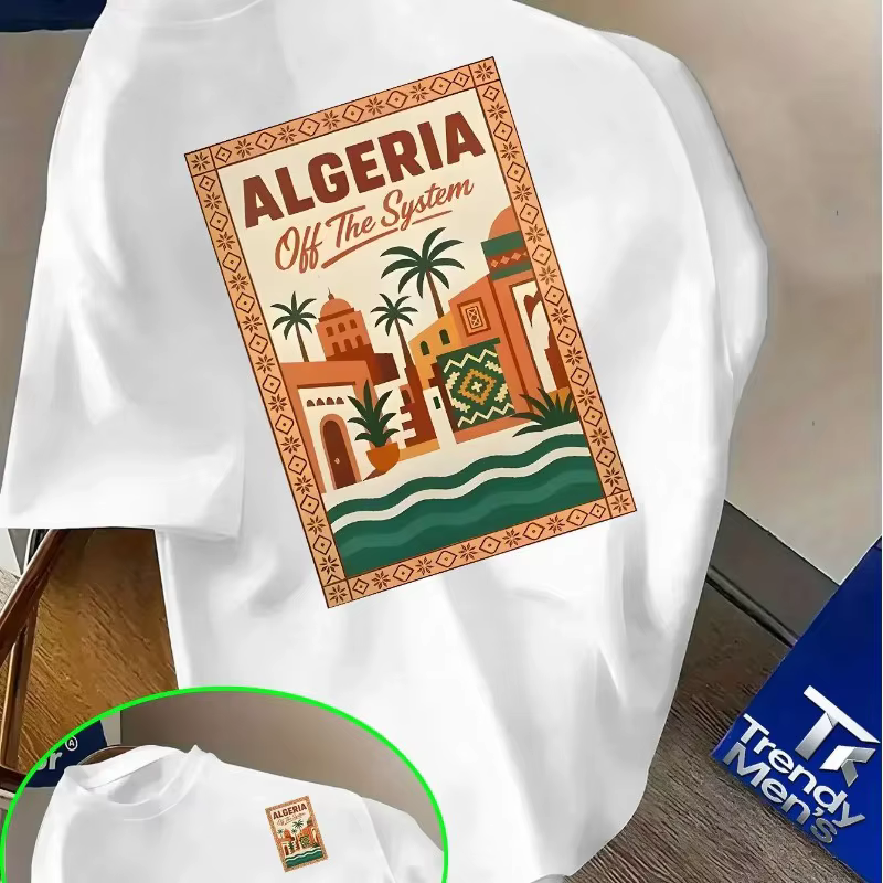 T-shirt rose à motif algérien pour homme - Texte audacieux « Algérie » et design paysage urbain désertique