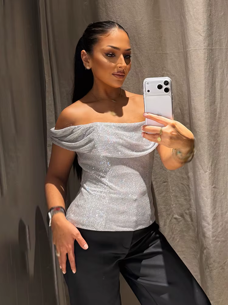 HH femmes nouvelle mode sans manches hauts courts argent dos nu diamant décoration femme été Sexy mince une pièce col haut