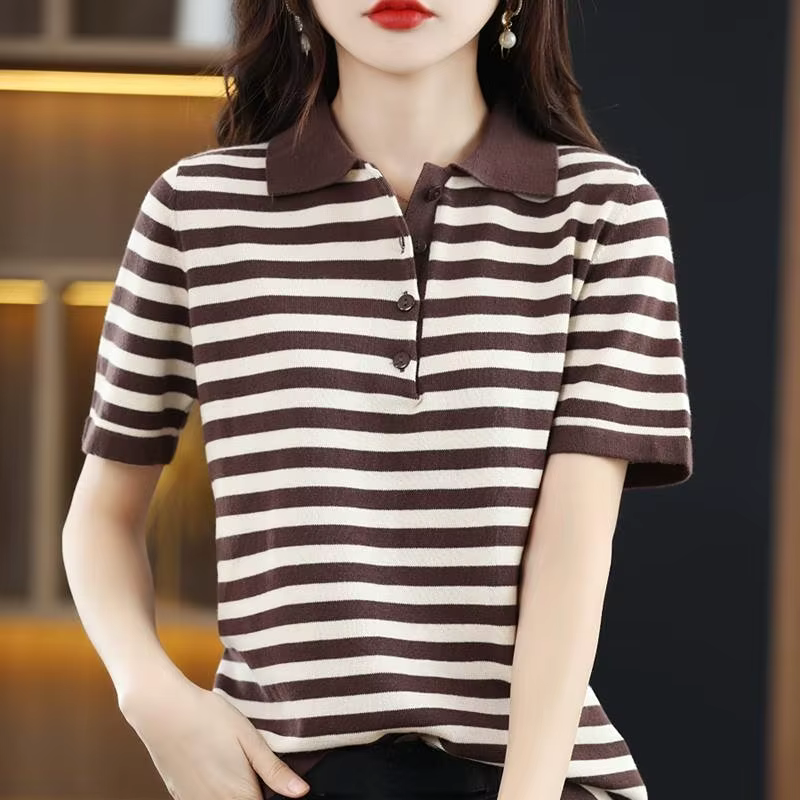 T-shirt femme rayé hauts bouton à manches courtes