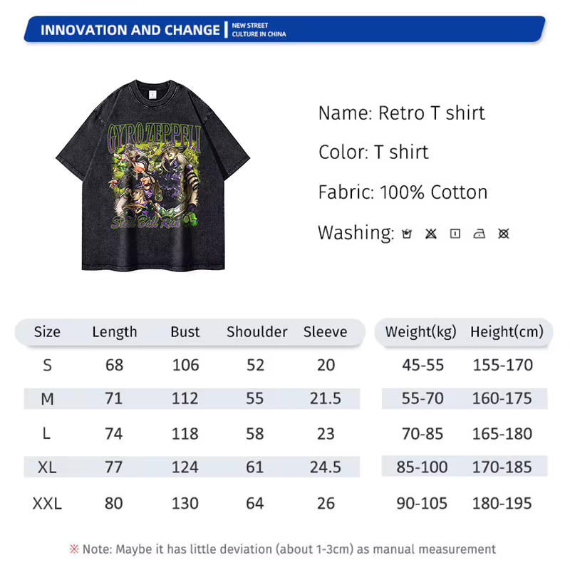 Bandai Anime JoJos t-shirt Vintage lavé JOJO boule d'acier course T-shirts Streetwear Manga Gyro Zeppeli hauts