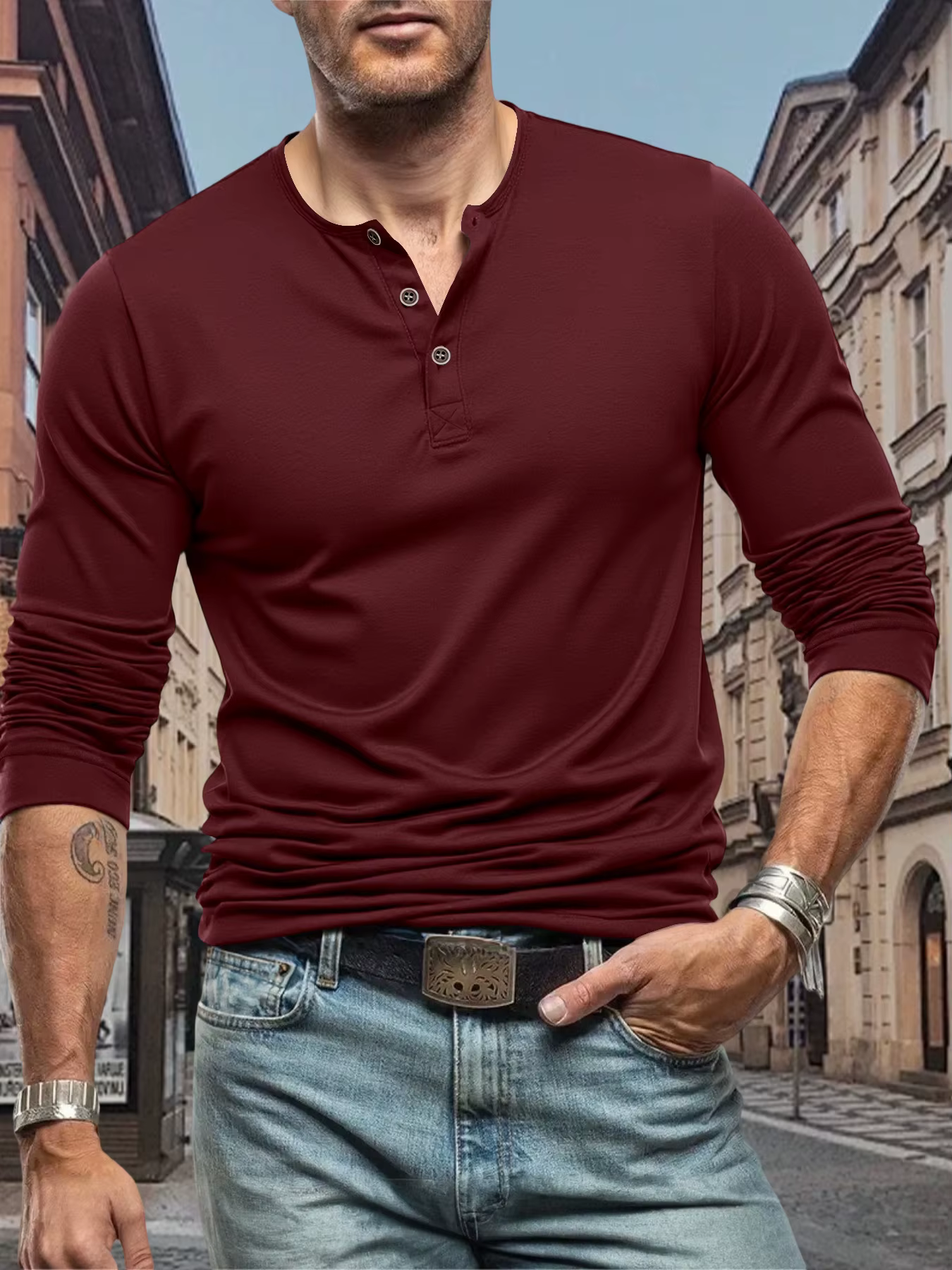 T-Shirt homme manches longues hauts t-shirts de rue col Henley bouton sport