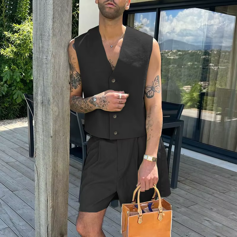 Nouvel ensemble décontracté été 2026 pour homme : gilet sans manches col en V et short large