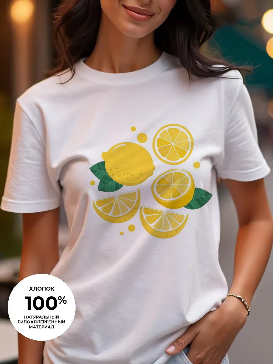 T-shirt femme imprimé fruits frais - Haut décontracté en pur coton à col rond et manches courtes
