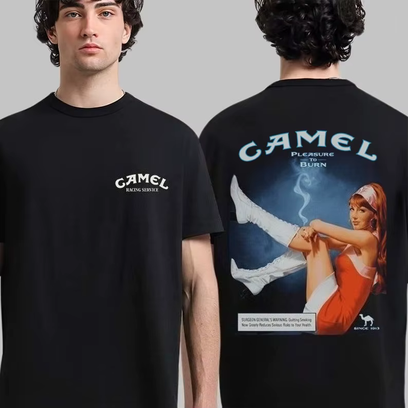 T-shirt Rétro Camel Cigarettes Pleasure to Burn en Coton Vintage à Manches Courtes