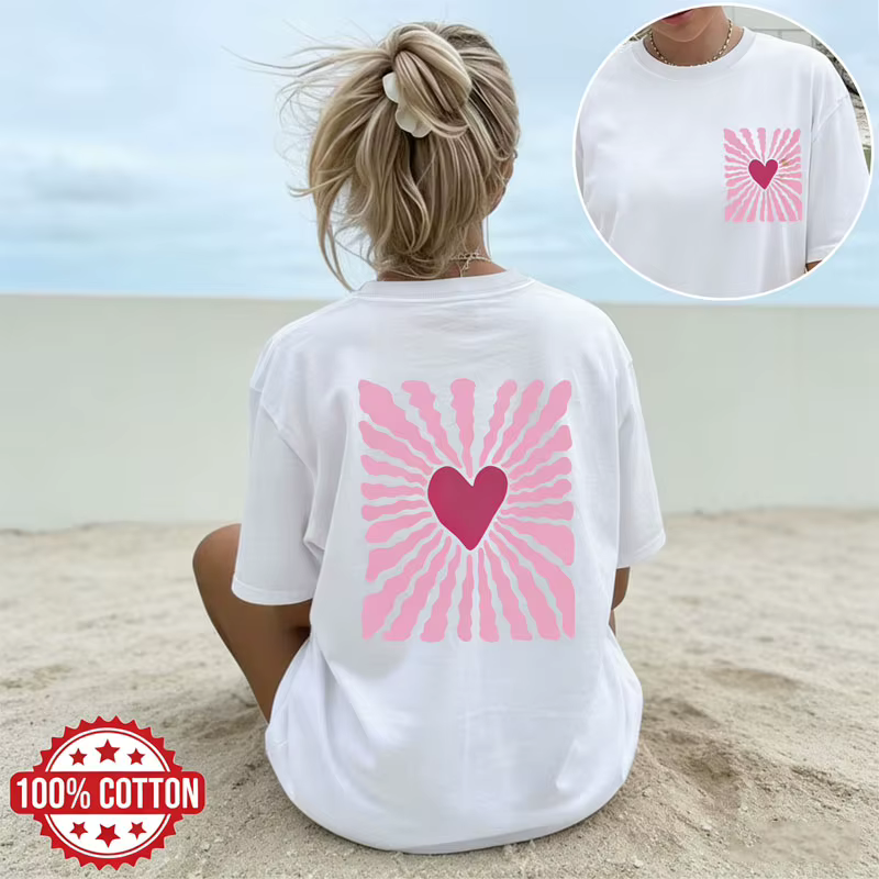 T-shirt en coton pour femme, décontracté, à manches courtes, avec motif en forme de cœur, pour l'été, vêtement de tous les jours, haut basique, tee-shirt minimaliste