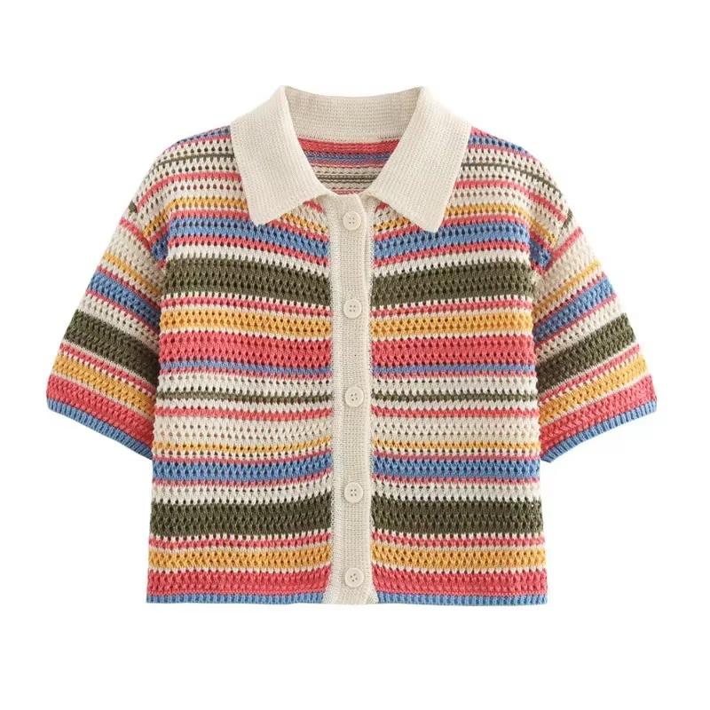 Pull court rayé en tricot au crochet pour femme