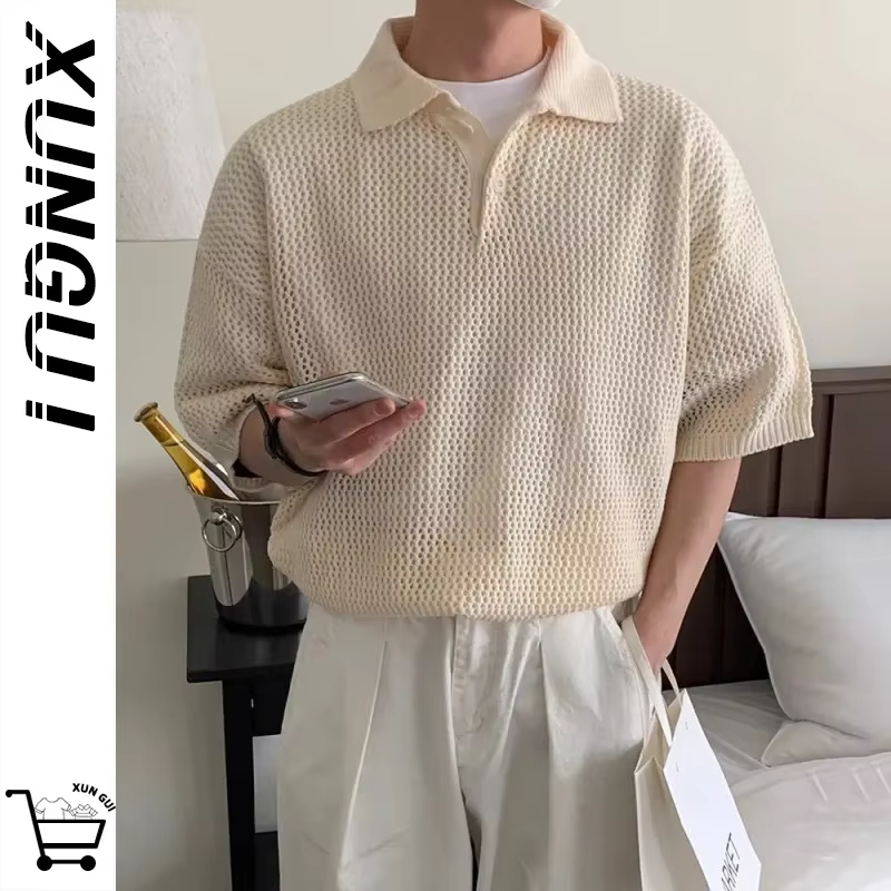 Polo tricoté beige pour homme