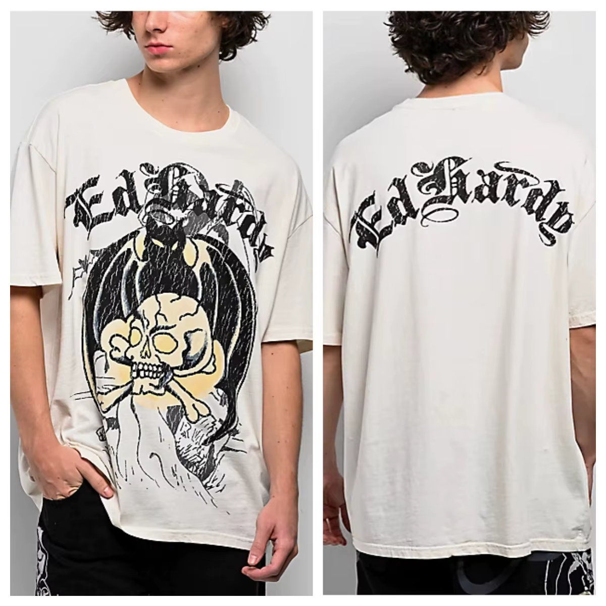T-shirt Ed Hardy Bat Skull Vintage Street Trendy Brand en coton avec motif graphique pour hommes et femmes