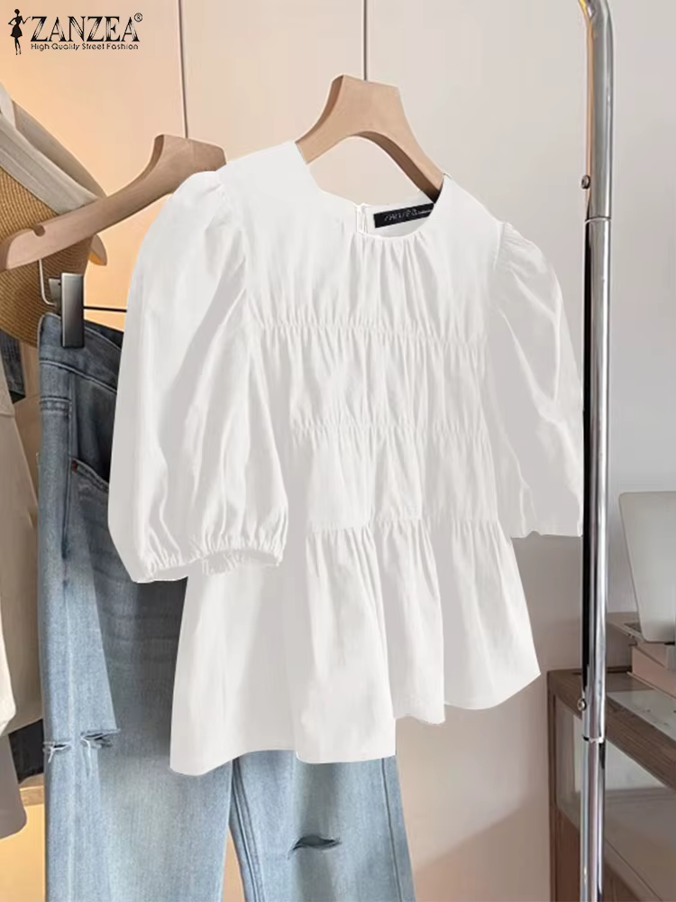 ZANZEA femmes chemisier à volants à manches courtes été hauts 2025 décontracté couleur unie tunique femme col rond plissé Blusas surdimensionné