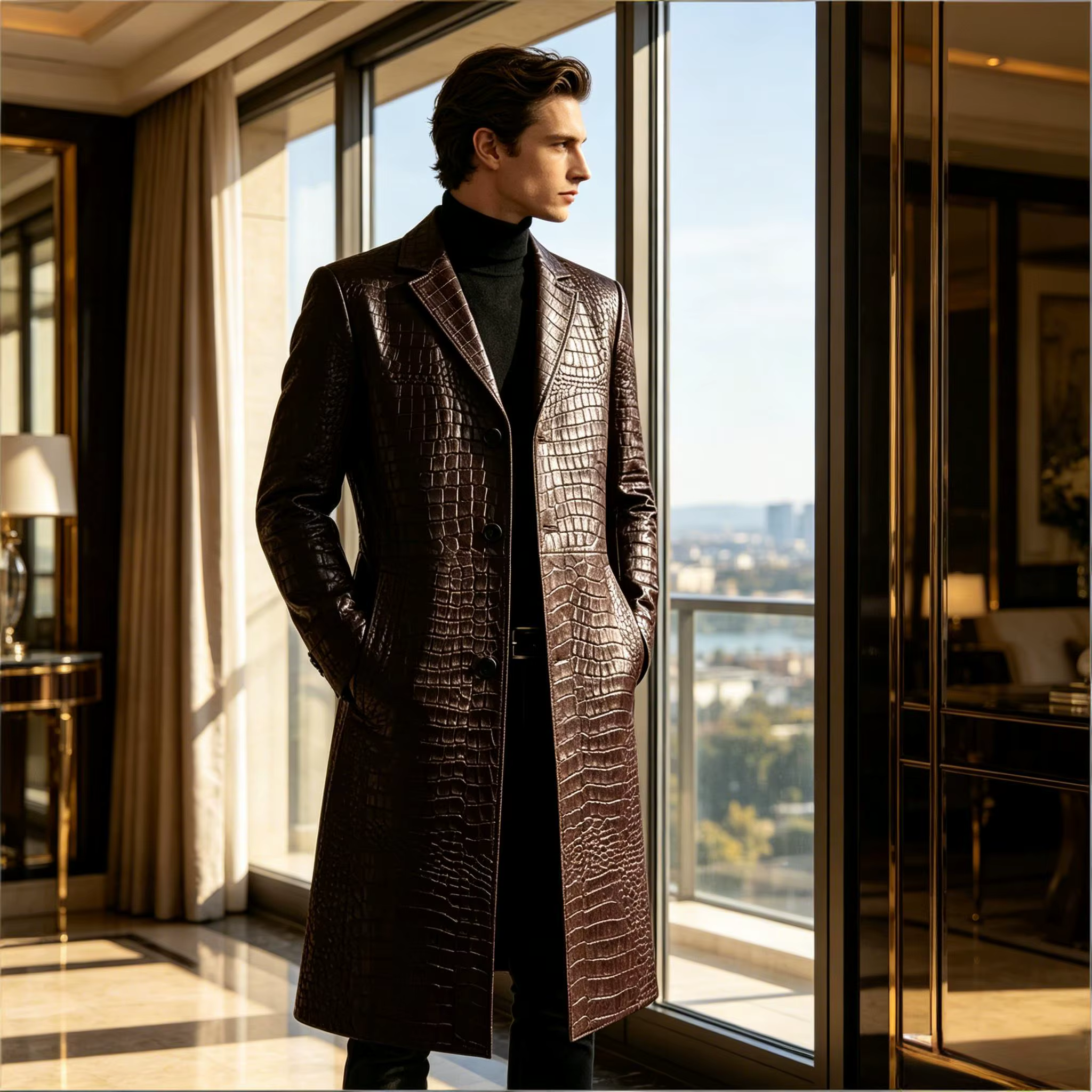 Manteau long en cuir gaufré crocodile de qualité supérieure pour homme, coupe ajustée, simple boutonnage, style formel et streetwear