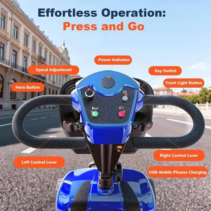 Scooter électrique à 4 roues avec deux paniers, moteur 350W, siège rotatif, port USB, capacité de 300 lb, personnalisé