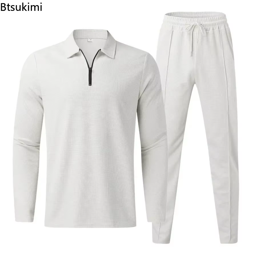 Nouveaux hommes décontracté à manches longues Polo + pantalons de survêtement ensembles de costume solide