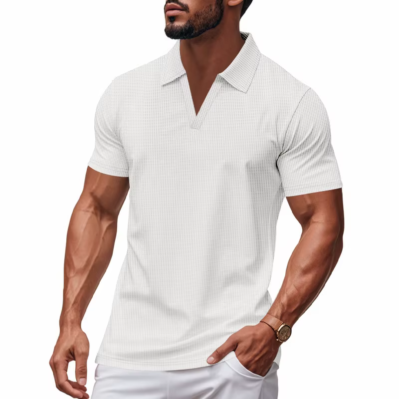 T-shirt Homme Slim Fit Style Américain Décontracté Col Henley Manches Courtes Élastique Col en V Haut de Gamme Été Qualité Supérieure Polo en Soie de Lait