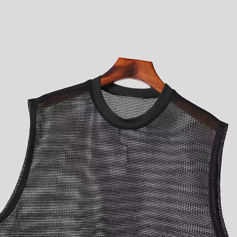 Mode hommes hauts réservoir creux Sexy maille pure Perspective gilet filet de pêche Muscle sans manches voir à travers les t-shirts pour homme