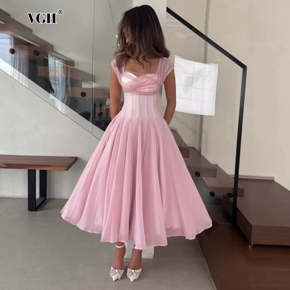 VGH français doux robes d'été pour les femmes col carré sans manches tunique maille Dates fête bouffée longue robe femme vêtements Style
