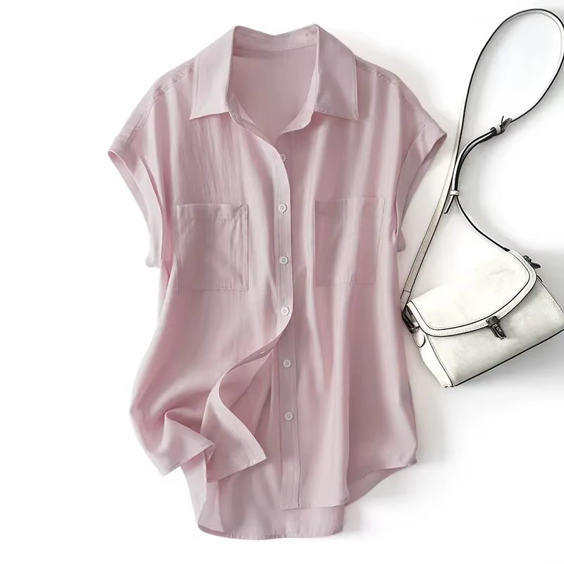 Vert solide décontracté col Polo simple boutonnage à manches courtes femmes Blouse chemise