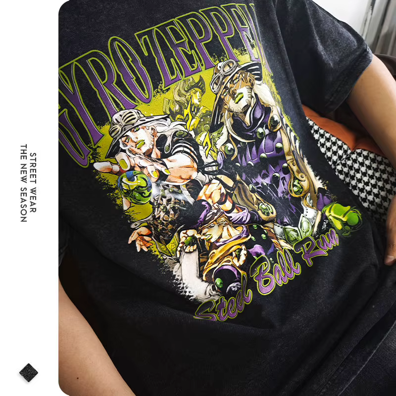 JOJO Steel Ball Run T-shirt Vintage lavé Zeppeli Gyro t-shirts surdimensionné Manga