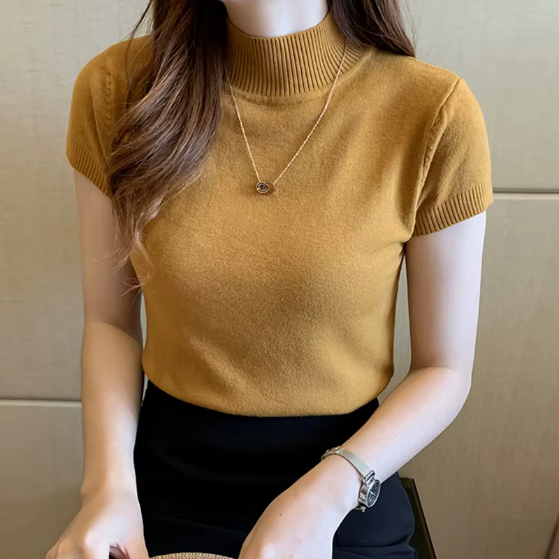 Demi col roulé mince tricoté T-shirt femmes élégant solide à manches courtes décontracté polyvalent printemps hauts