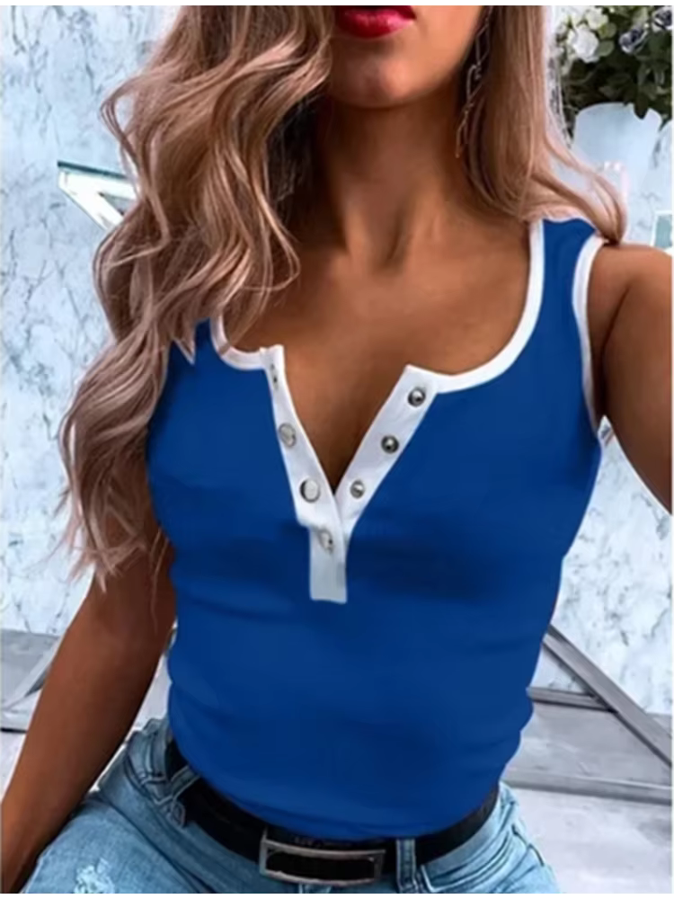 Femmes sans manches bouton mince Camisole monochromatique gilet décontracté été T-Shirt nouveau 2021