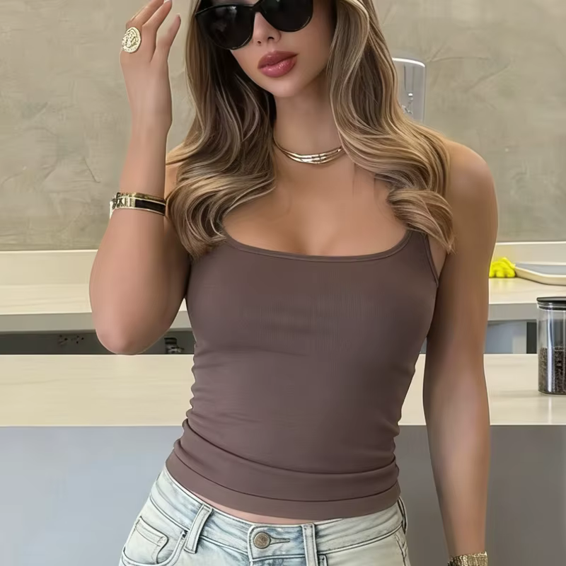 Débardeur marron élégant à col carré pour femme