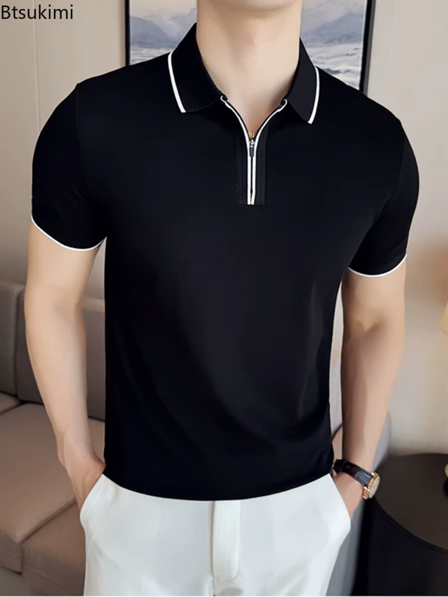 Hommes Polo été léger mince Style britannique solide décontracté coupe ajustée à manches courtes haut T-shirt mode