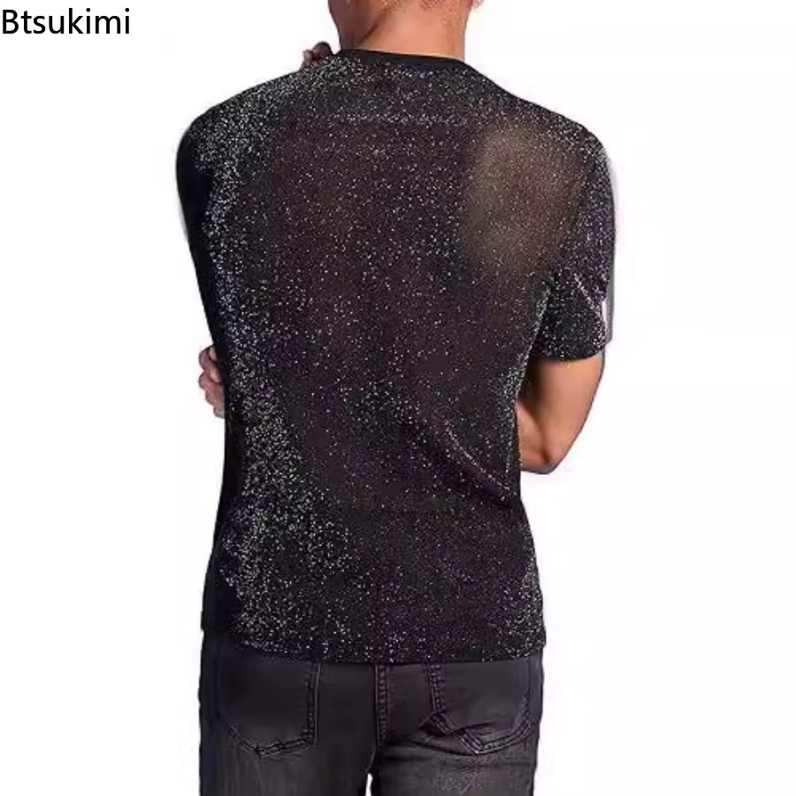 Hommes mode paillettes voir à travers T-Shirts été à manches courtes col rond décontracté hauts mâle Vintage brillant couleur unie mince T-shirt