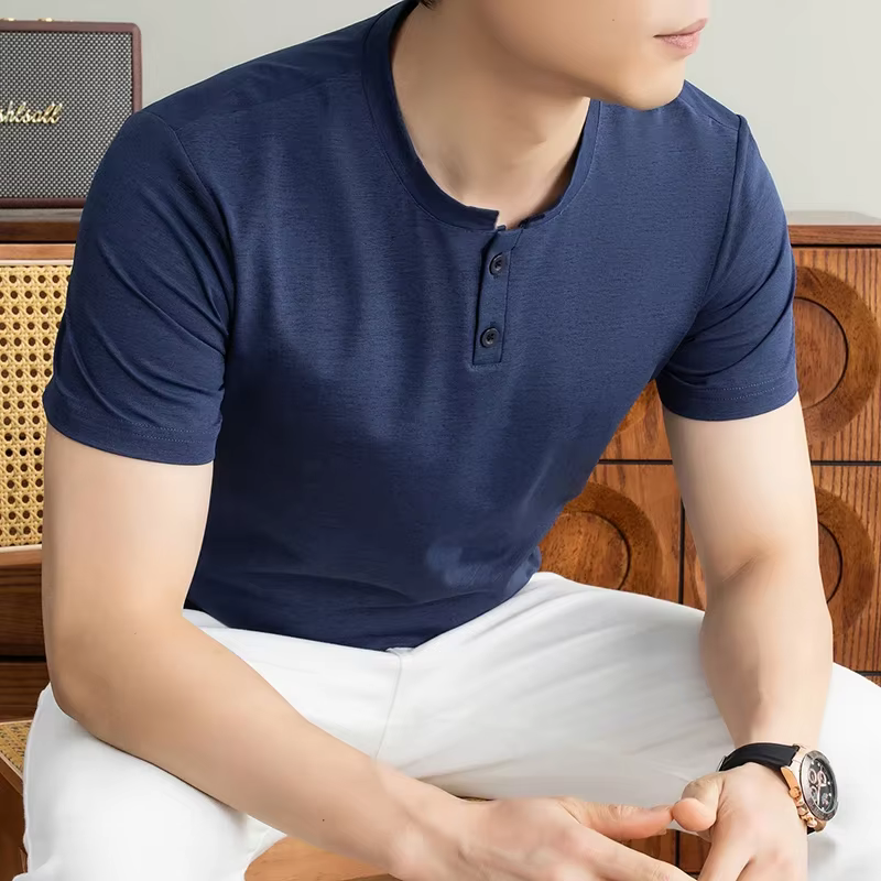 T-shirt Henley uni à manches courtes pour homme
