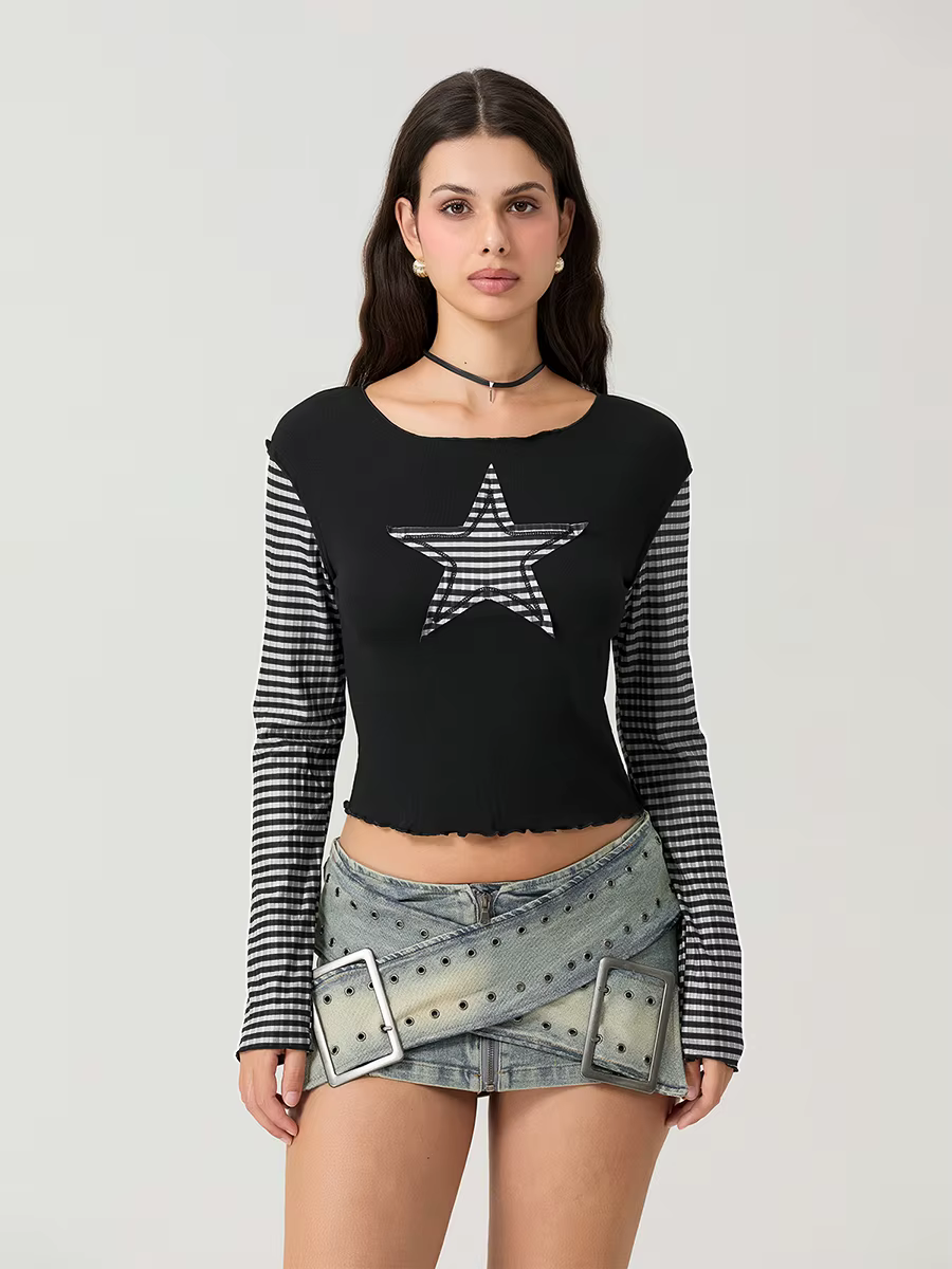 Women T-shirt Long Sleeve Crew Neck Star Stripe