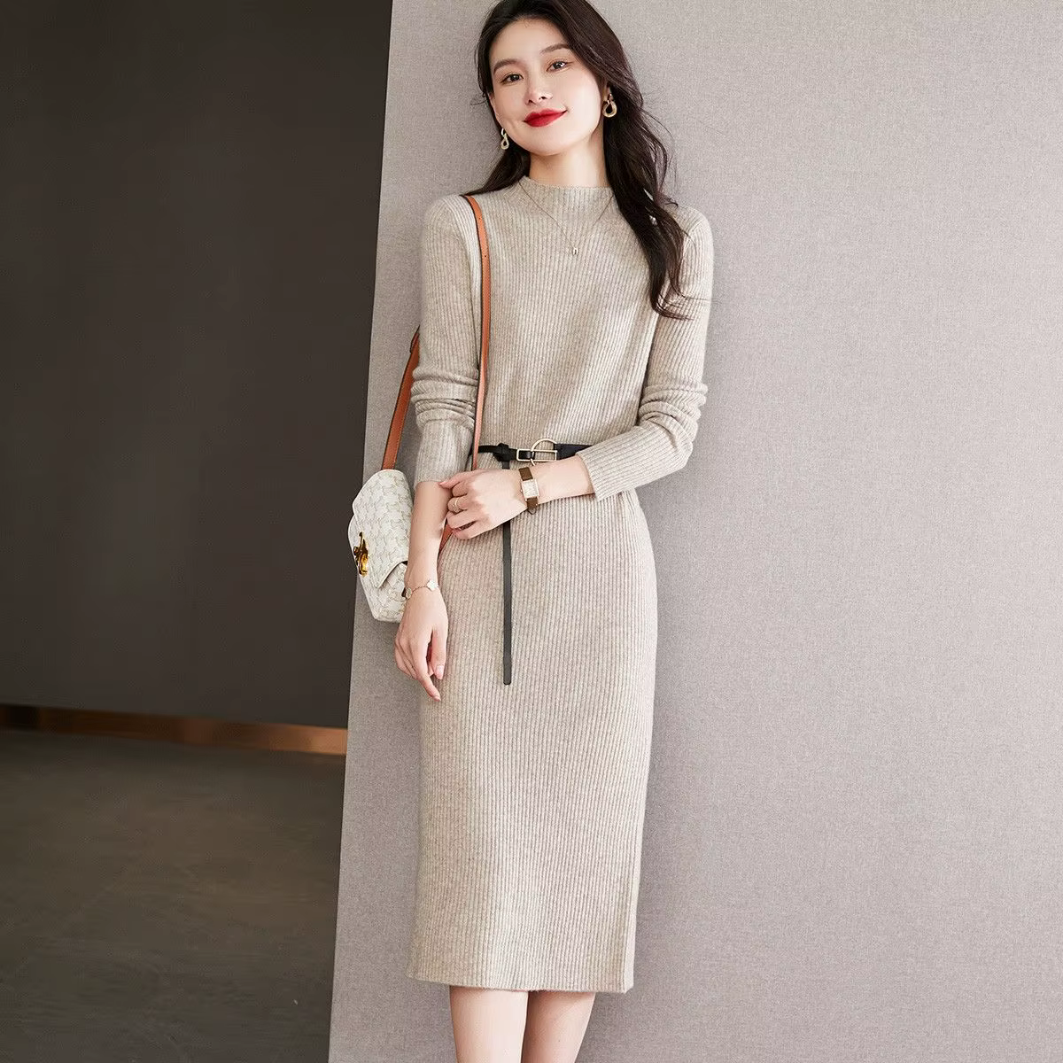 Pull mi-long à col semi-haut pour femme, robe pull, automne, hiver, 2024