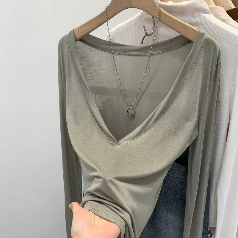Nouveau T-shirt léger d'été pour femme à col en V et manches longues en fibre de Lyocell