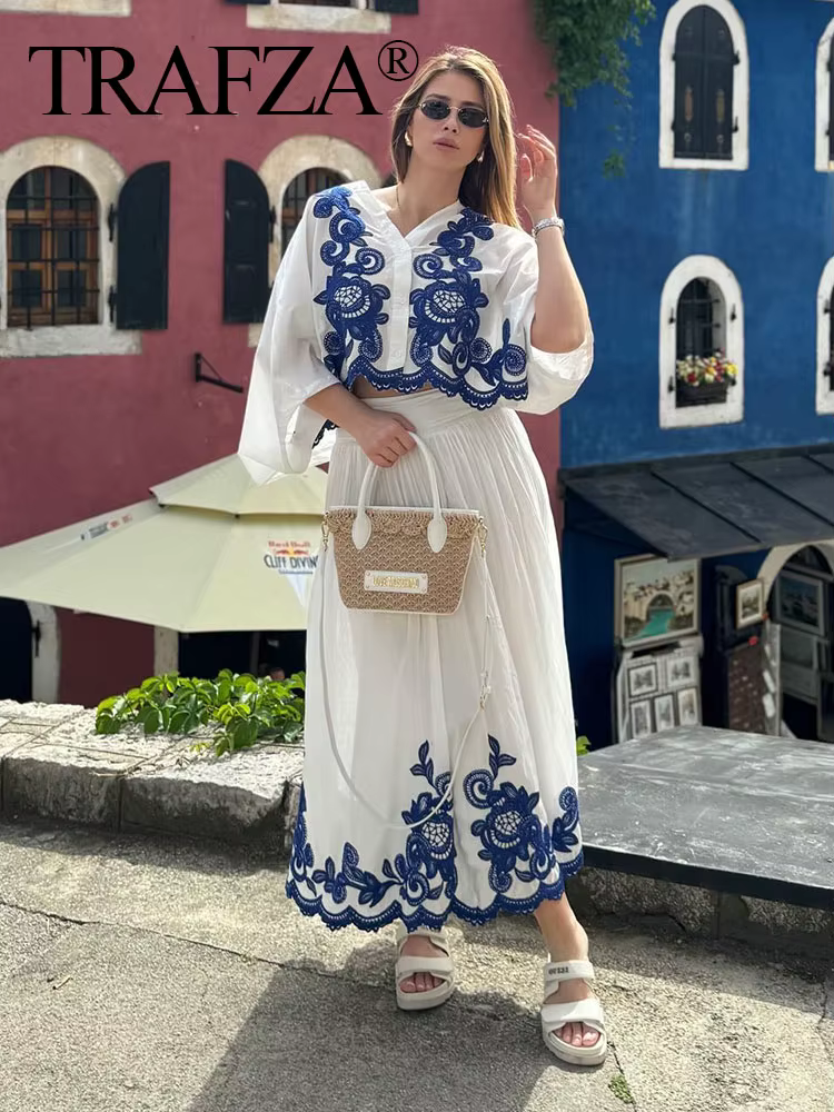HH 2024 femmes mode bleu broderie florale Blouse décontracté ample col en V simple boutonnage chemise femme Chic haut Y2K