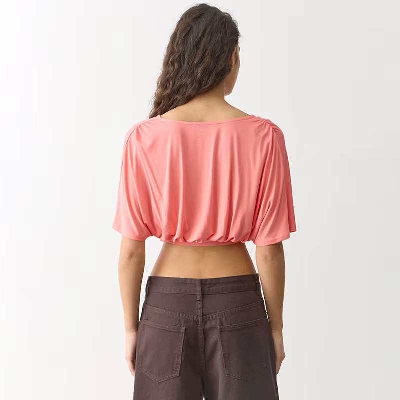 Haut pour femme à manches courtes, col en V, couleur unie, style chauve-souris