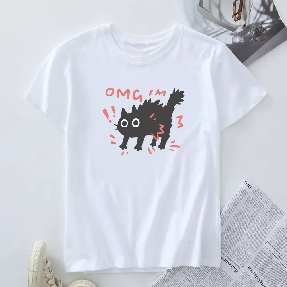 T-shirt imprimé chat effrayé pour femme