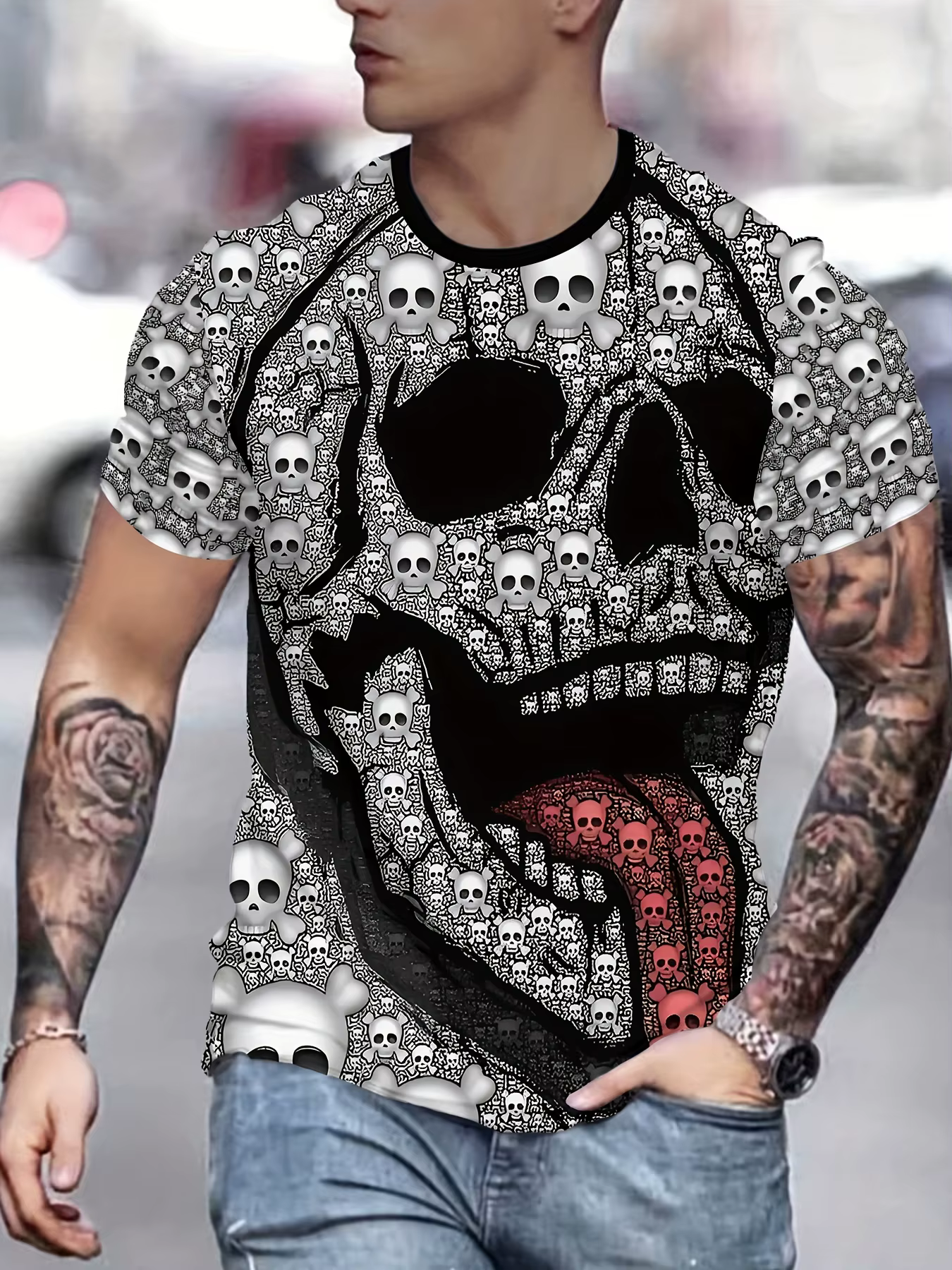 T-shirt pour homme à imprimé crâne 3D