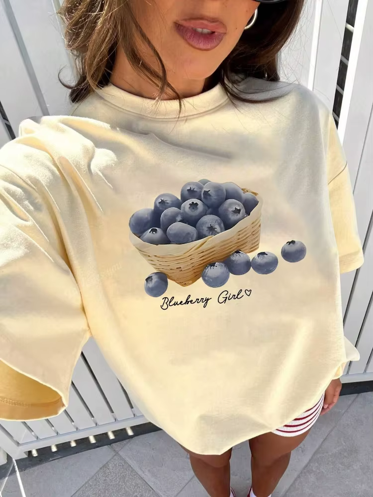 Nouveau Simple myrtille imprimé femmes T-Shirt col rond à manches courtes coton
