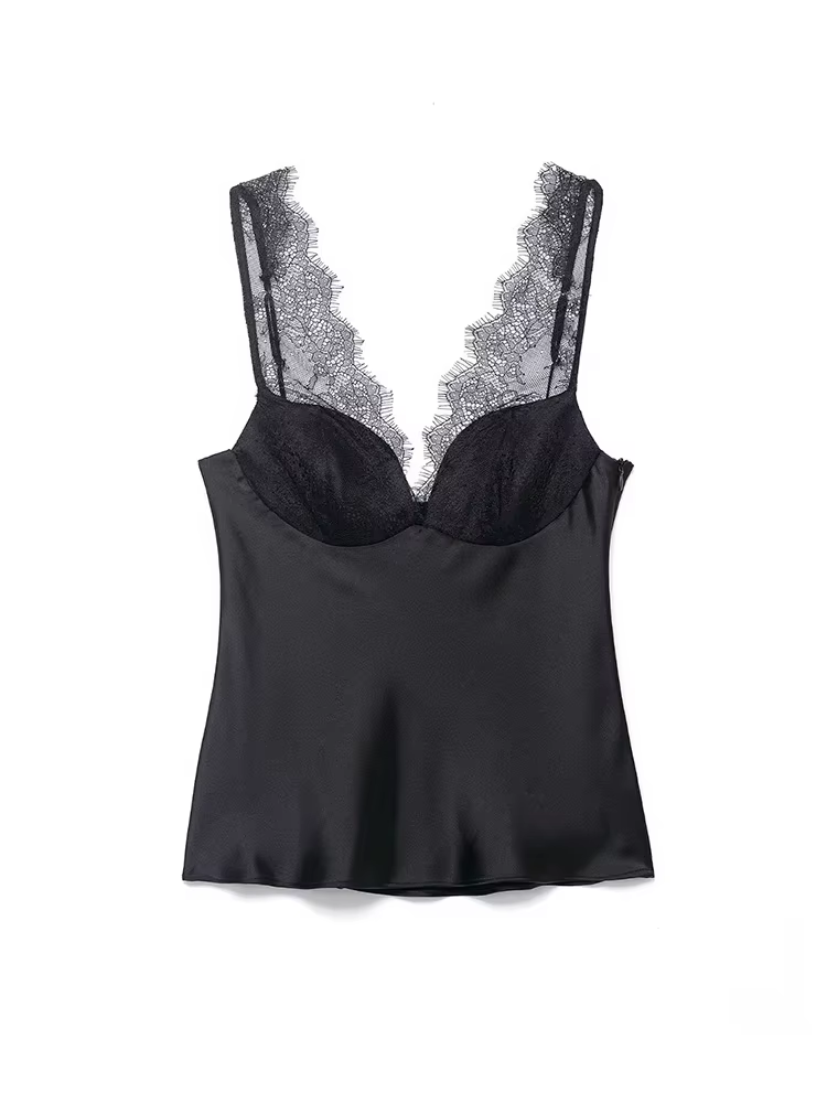 HH Femme Mode Décoration en dentelle Haut court uni Sexy Sans manches Dos nu Col en V Fermeture éclair latérale Texture satinée 3 couleurs Hauts d'été