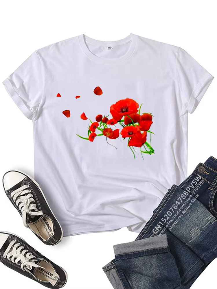 T-shirt imprimé drôle de fleurs rouges pour femmes