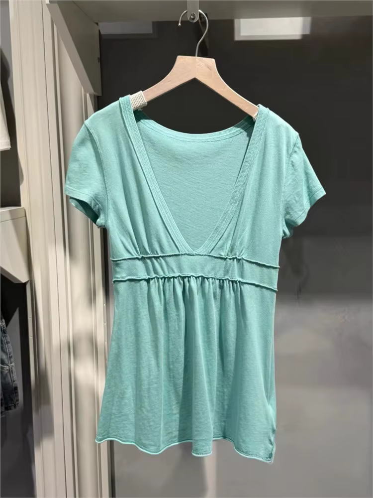 T-shirts femme col en V profond turquoise