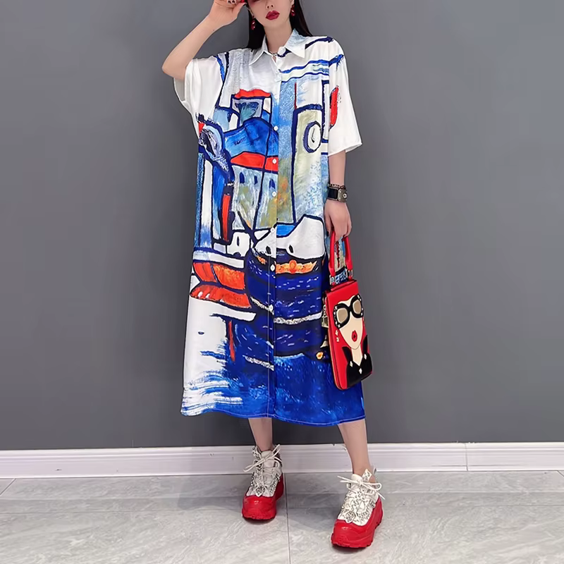 Demi manches coupe ample marée grande taille femme nouveau 2023 été chemise décontractée Robe Style japonais bleu noir